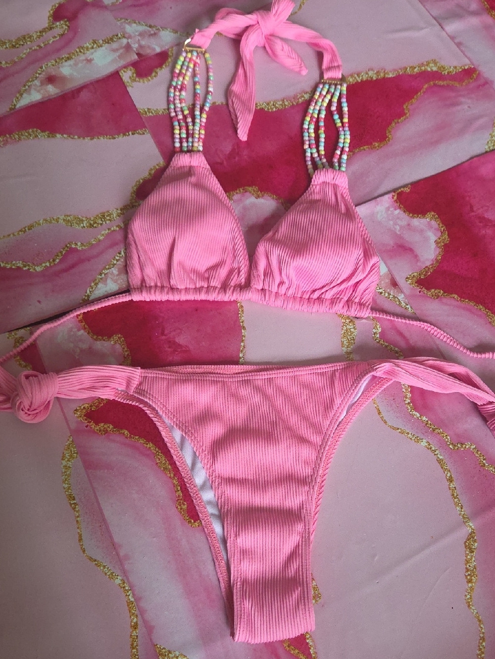 Pink Ribbed Beaded Strap Bikini Set